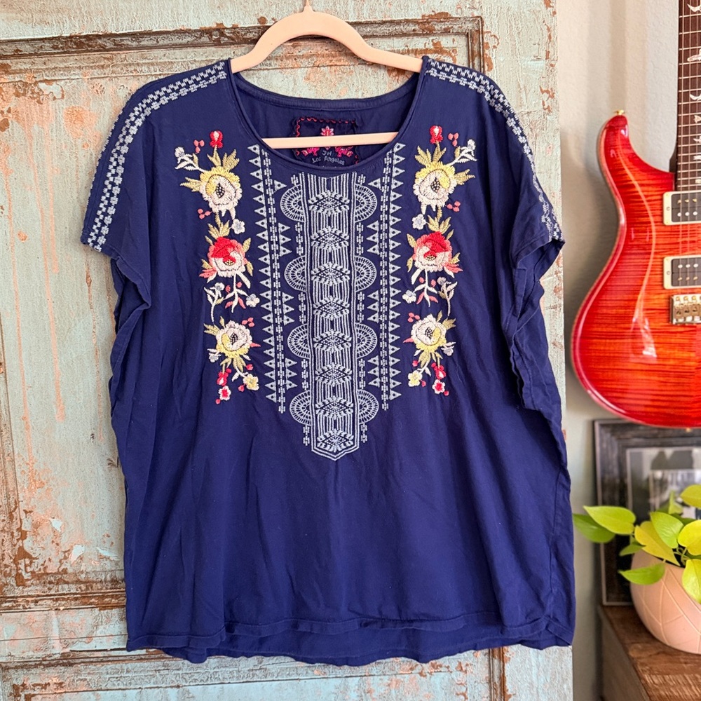 Johnny Was Los Angeles Joy Love Light Embroidered Navy Boho Top – Size XXL